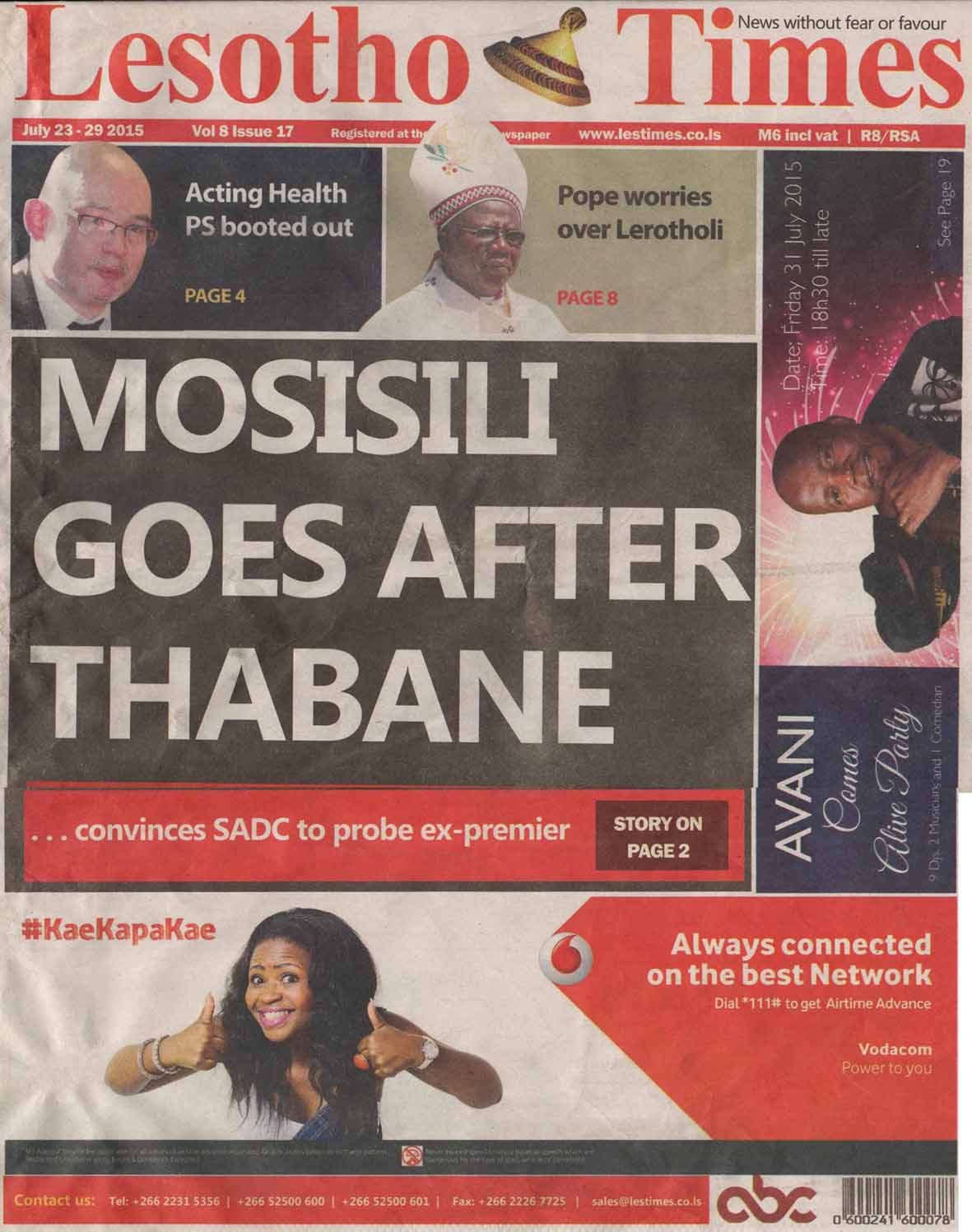 Titelseite der Lesotho Times vom 23. Juli 2015